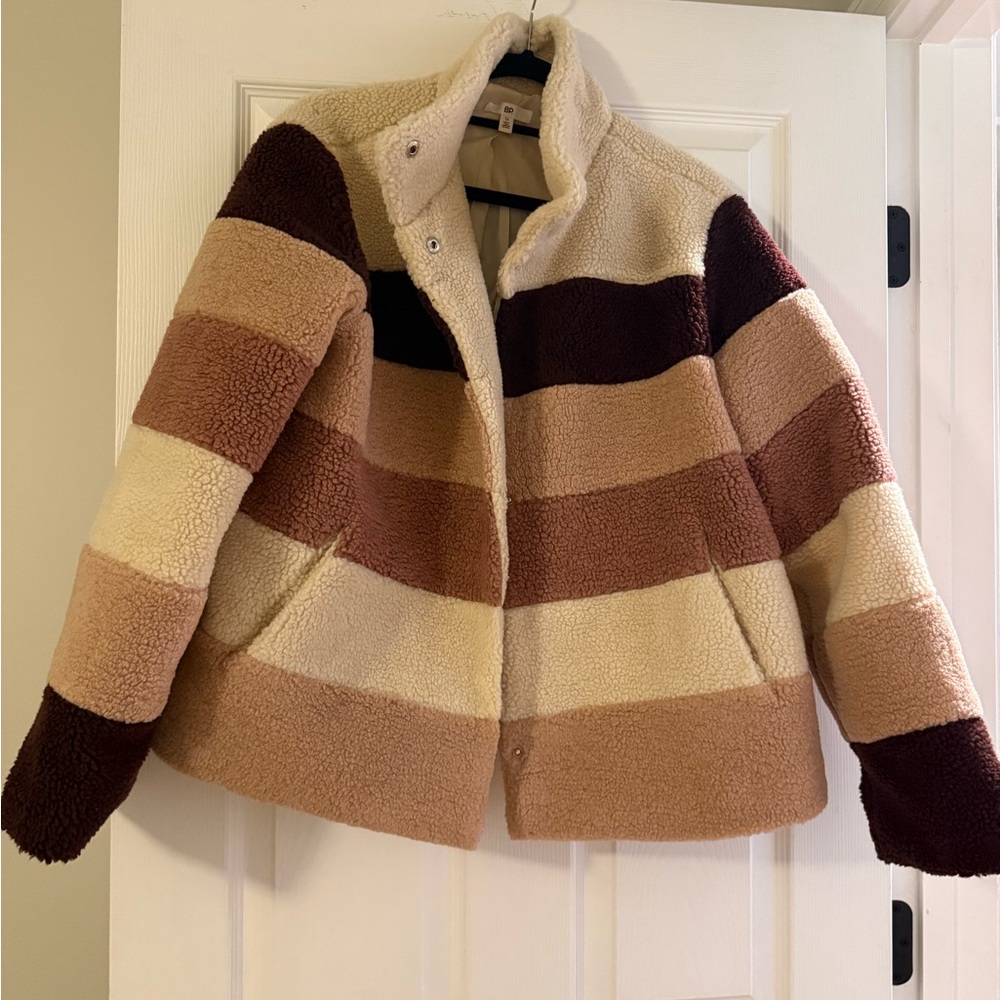 bp Striped Teddy Jacket in Cream, Tan & Brown